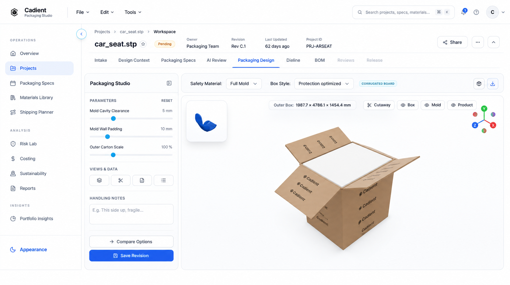 Cadient packaging studio visual showing dimension sync, fit review, and packaging output