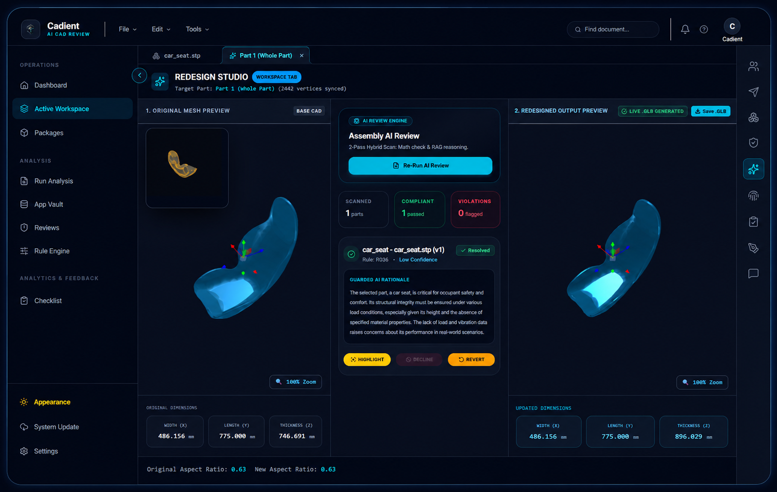 Cadient redesign studio showing original design, generated option, and decision workflow