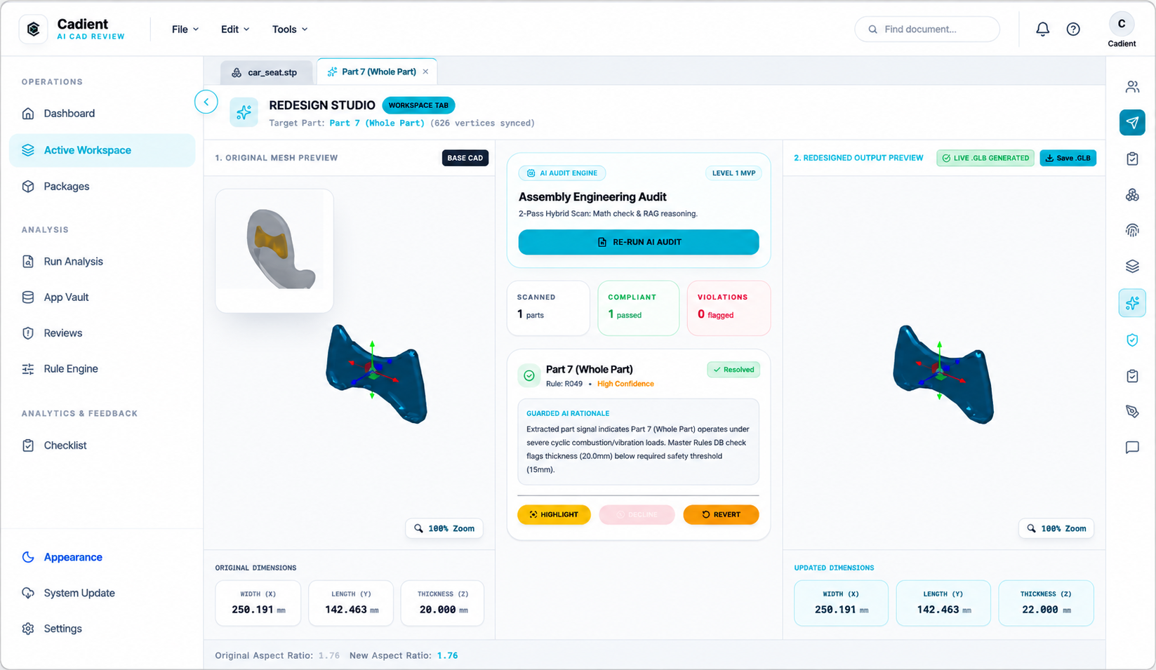 Cadient light mode redesign studio with original and redesigned output